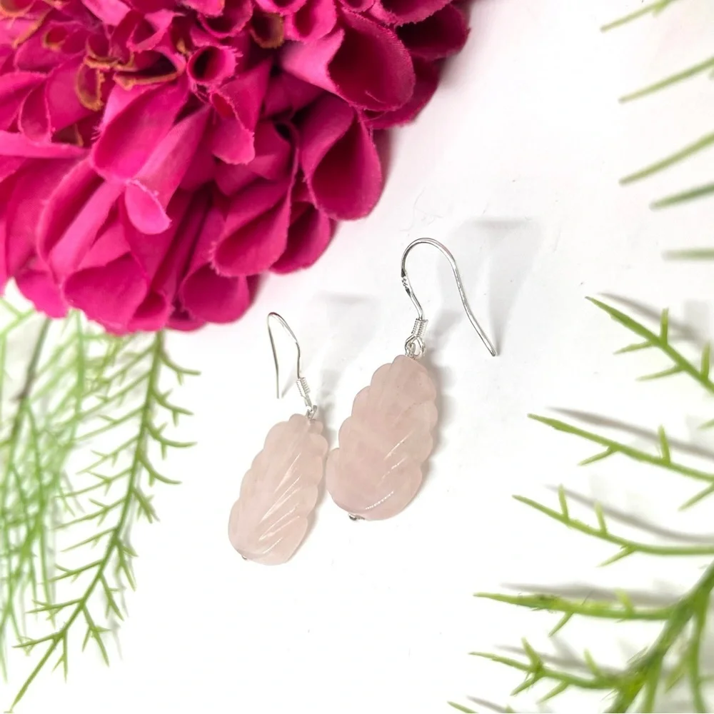 NEW⚜️Carved ROSE QUARTZ Petal Sterling Silver Earrings